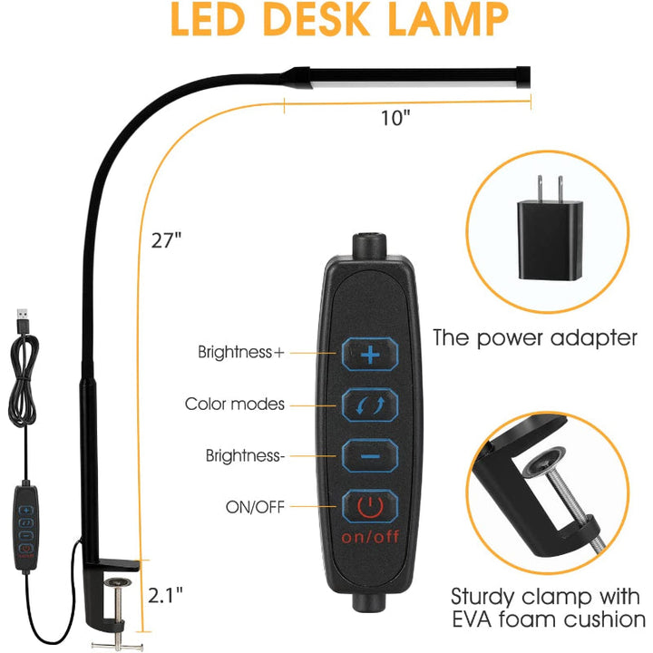 LED Skrivbordslampa med lampa, ögonvänliga klämlampor för hemmakontoret, 3 lägen 10 ljusstyrkenivåer, lång flexibel gåsnek, metall, svängarm arkitektuppgiftslampor med USB-adapter, vit