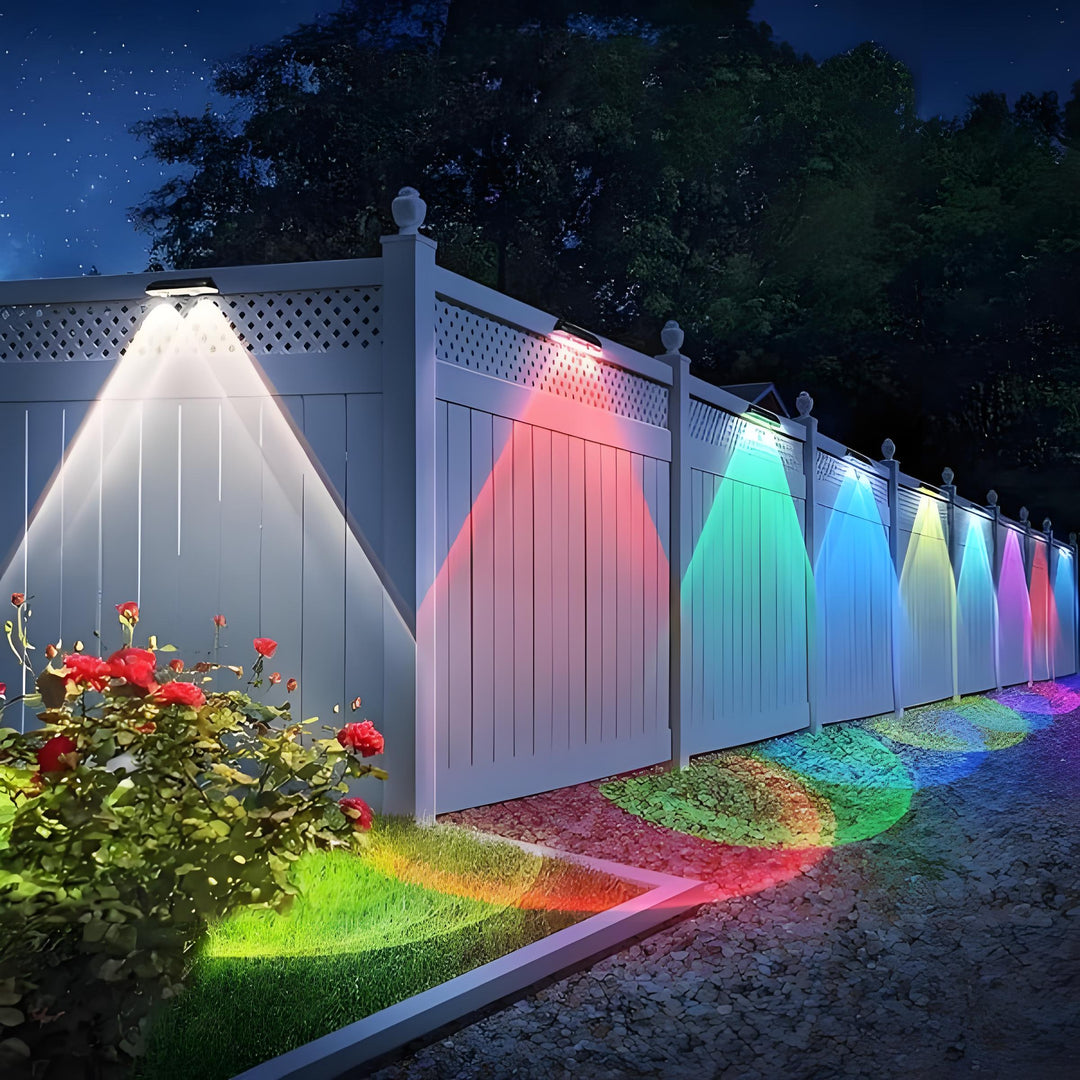 Solcellsstaketlampor utomhus varm vit &amp; RGB skiftande solcellsdecklampor, LED solcellsbelysning för utomhus väggräcke terrass trappsteg trädgård bakgård