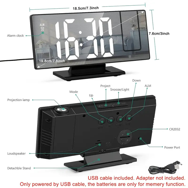 180° Justerbar LED-projektionsväckarklocka – Snooze, 12/24H Tids- och Temperaturvisning, Spegeldesign – USB-driven, Nattläge &amp; Minnesfunktion
