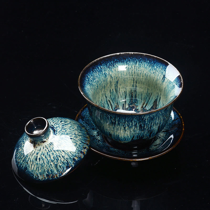 Vintage Ugn Keramisk Gaiwan Sancai Tekopp Tekopp och Fat med Lock