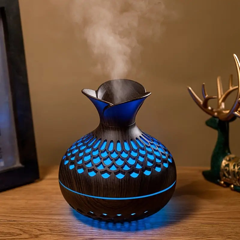 Aromaterapi luftfuktare med LED – Diffuser i trälook &amp; nattljus
