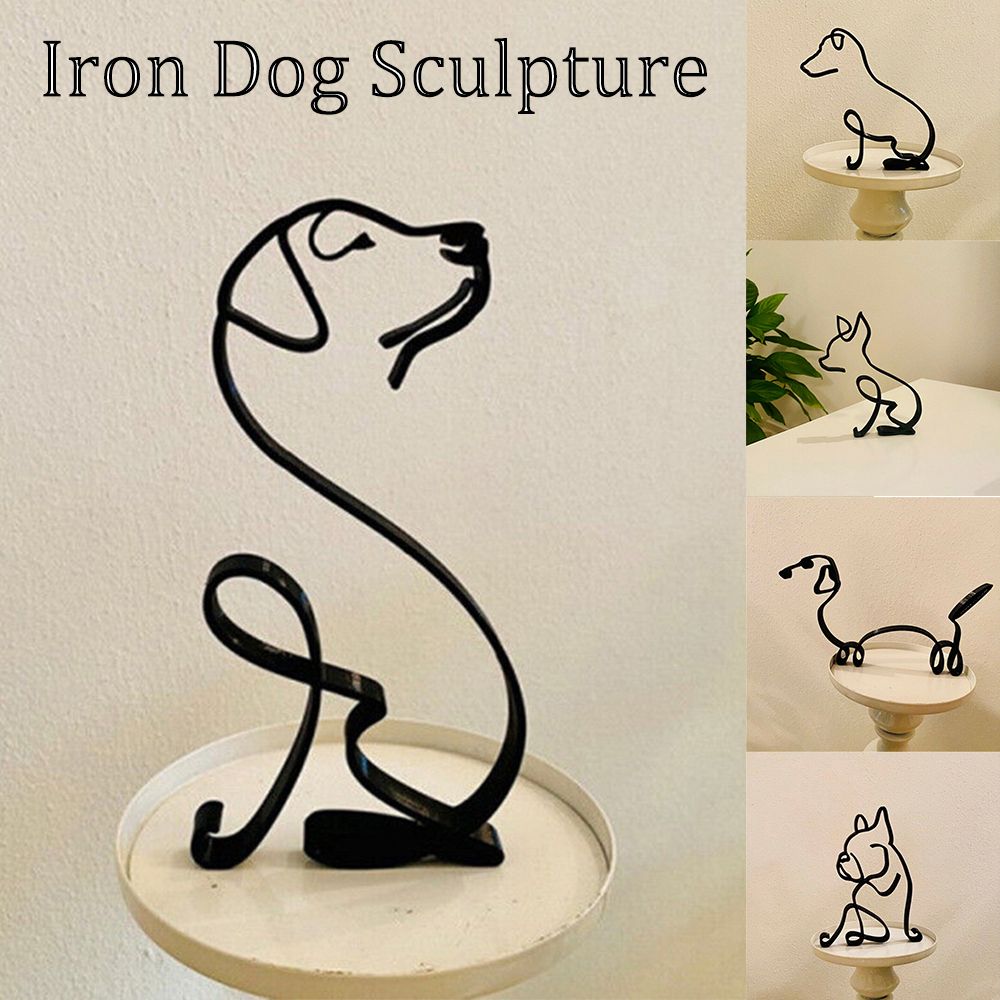Tier Konst Järn Skulptur Retro Metall Svarta Linjer Katt Hund Skrivbord Ornament
