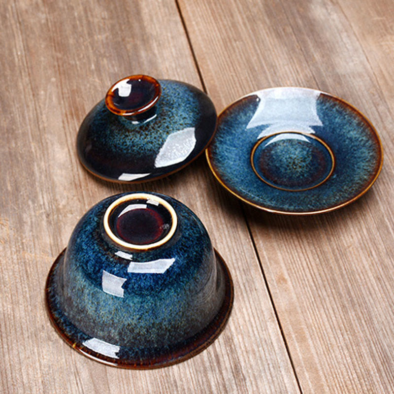 Vintage Ugn Keramisk Gaiwan Sancai Tekopp Tekopp och Fat med Lock