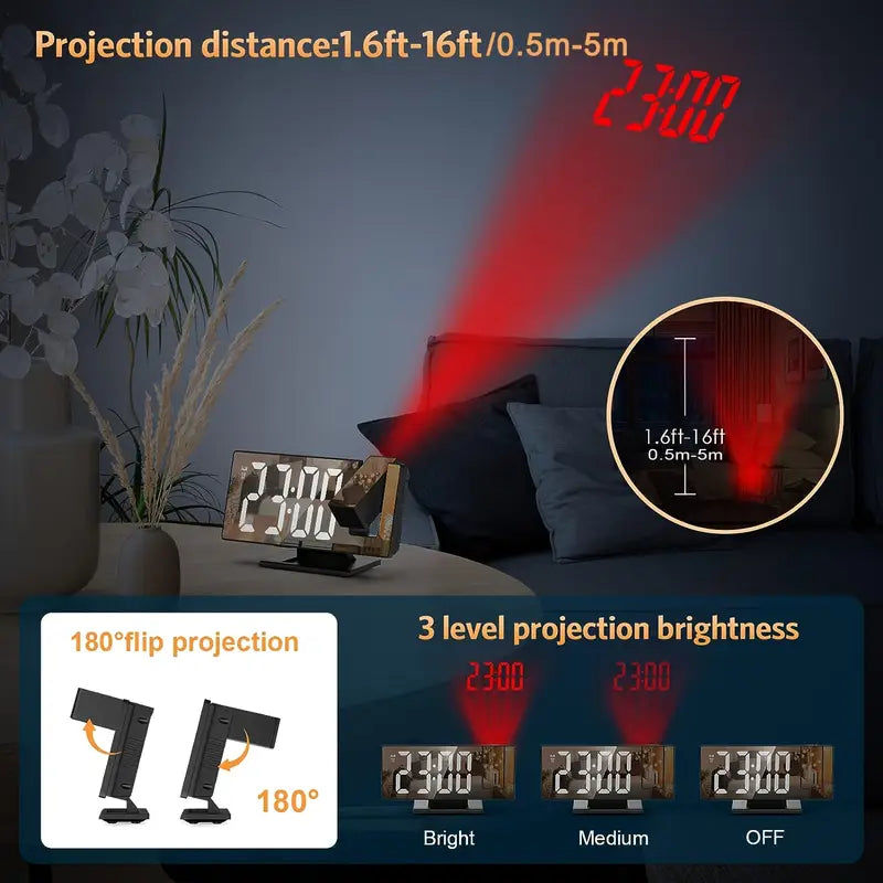180° Justerbar LED-projektionsväckarklocka – Snooze, 12/24H Tids- och Temperaturvisning, Spegeldesign – USB-driven, Nattläge &amp; Minnesfunktion