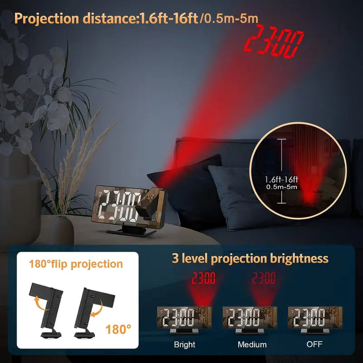 180° Justerbar LED-projektionsväckarklocka – Snooze, 12/24H Tids- och Temperaturvisning, Spegeldesign – USB-driven, Nattläge &amp; Minnesfunktion