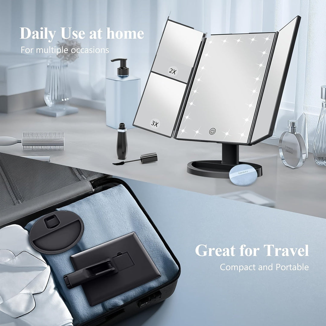 GlowMirror – Fällbar LED Makeup Spegel med 3x/2x Förstoring |