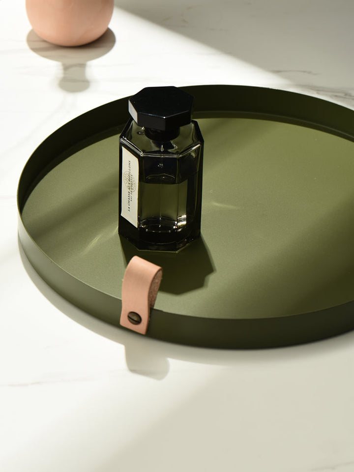 Nordisk stil läderhandtag smidd järn rund bricka färg förvaring platta vatten glas platta heminredning