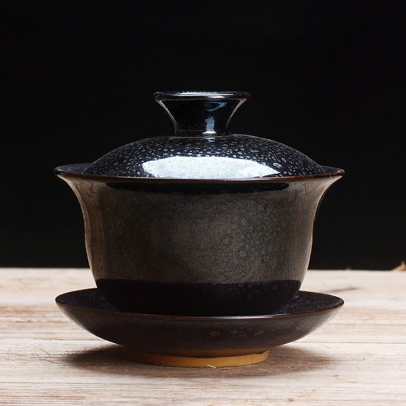 Vintage Ugn Keramisk Gaiwan Sancai Tekopp Tekopp och Fat med Lock