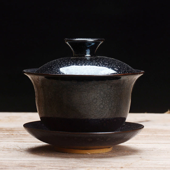 Vintage Ugn Keramisk Gaiwan Sancai Tekopp Tekopp och Fat med Lock