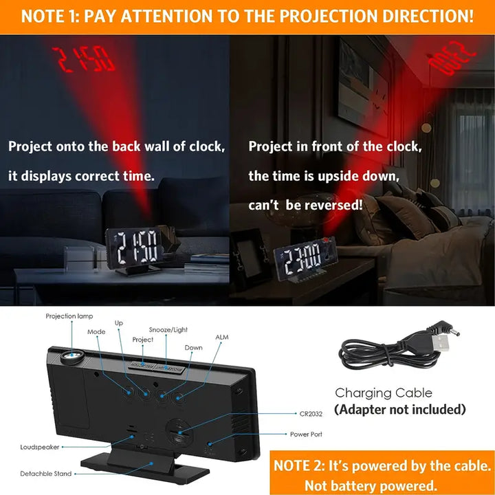 180° Justerbar LED-projektionsväckarklocka – Snooze, 12/24H Tids- och Temperaturvisning, Spegeldesign – USB-driven, Nattläge &amp; Minnesfunktion