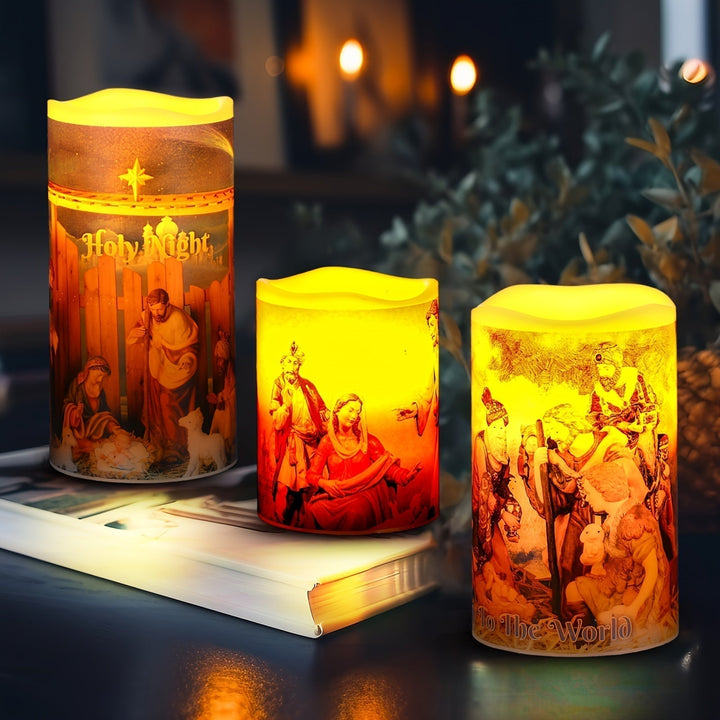 Flamefria LED-julgranar – 3-pack batteridrivna helgnattljus med timer och nativity-tema för en varm julstämning