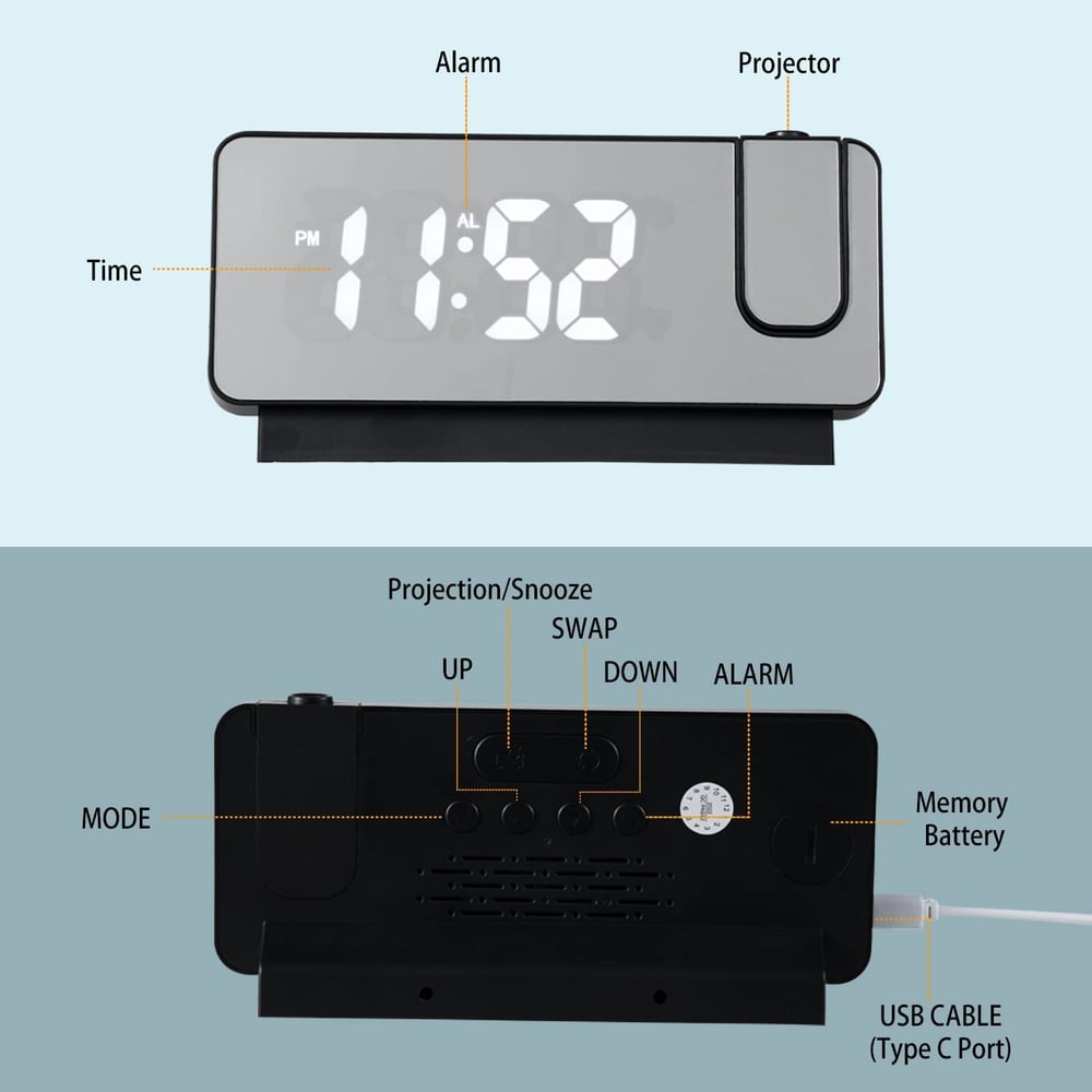 Projektionsväckarklocka | LED-display med spegelyta | Dubbelalarm &amp; Temperatur | 19 cm