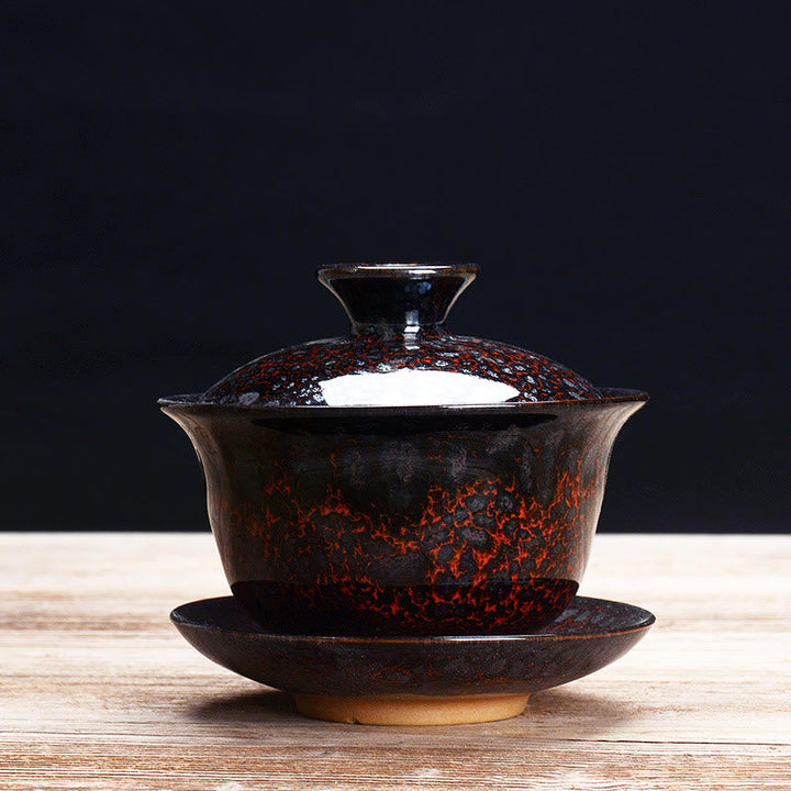 Vintage Ugn Keramisk Gaiwan Sancai Tekopp Tekopp och Fat med Lock