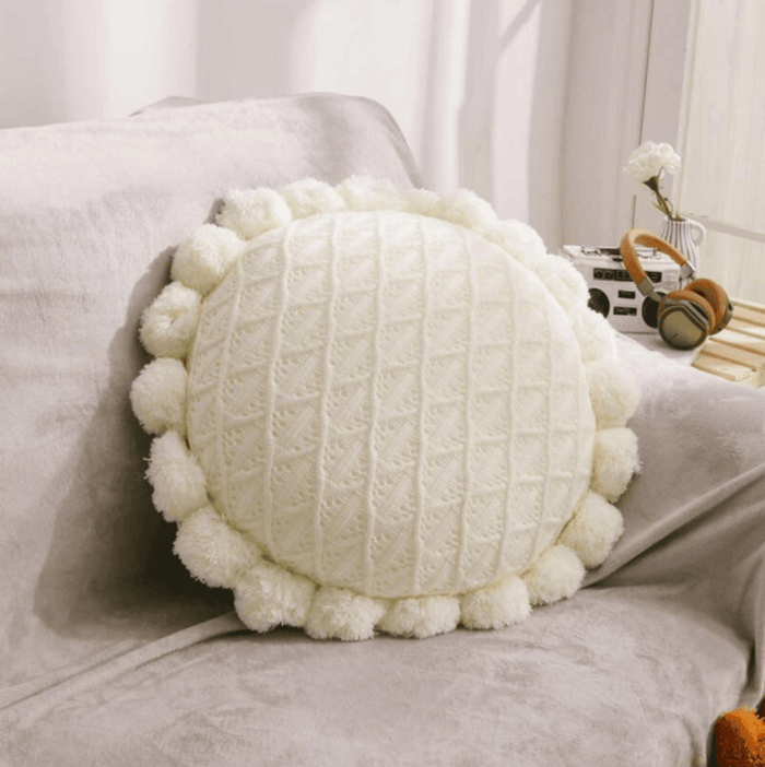 Söt Pom Pom Fringed Rund Kudde