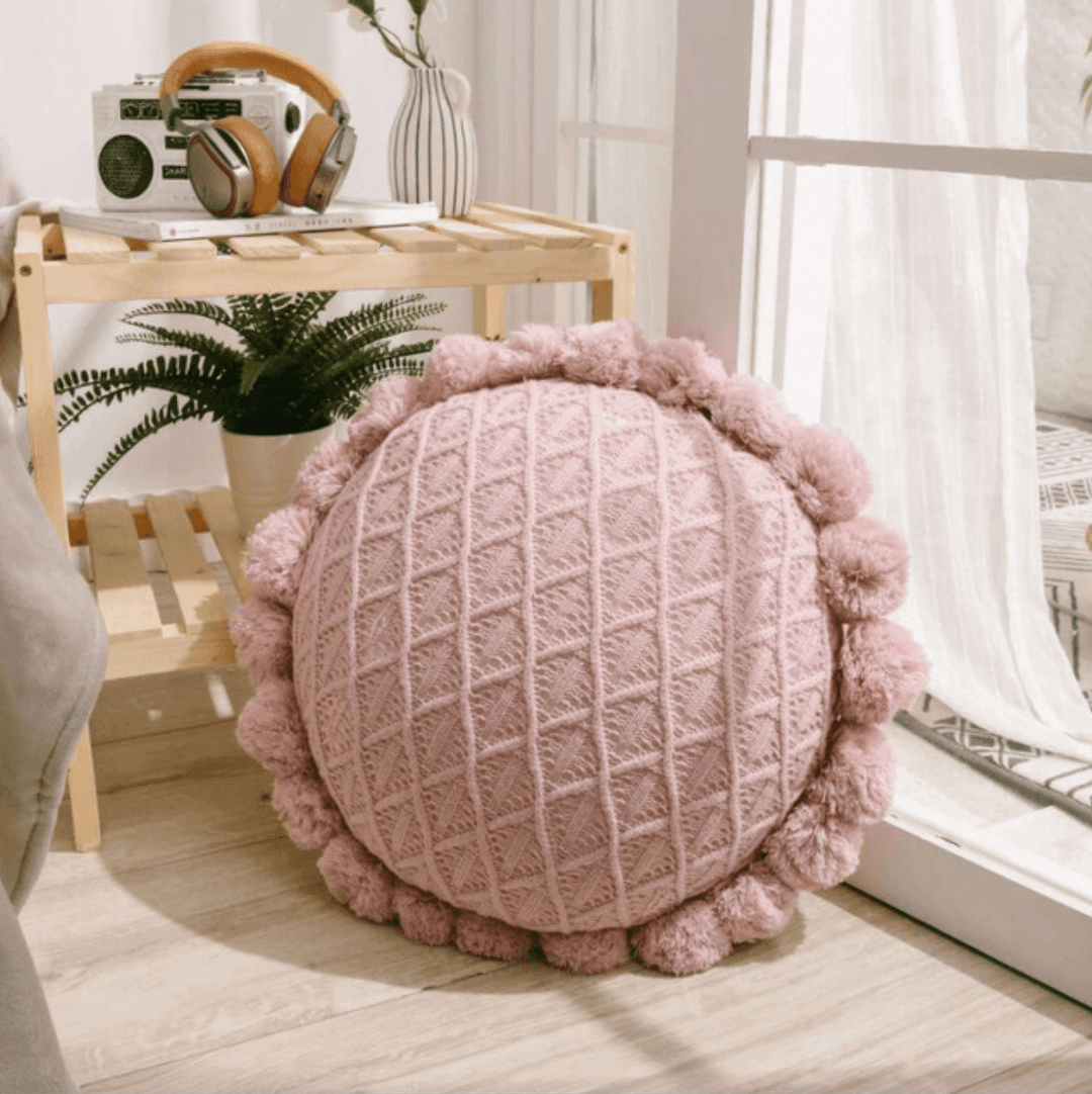 Söt Pom Pom Fringed Rund Kudde