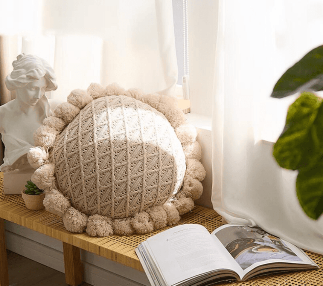 Söt Pom Pom Fringed Rund Kudde