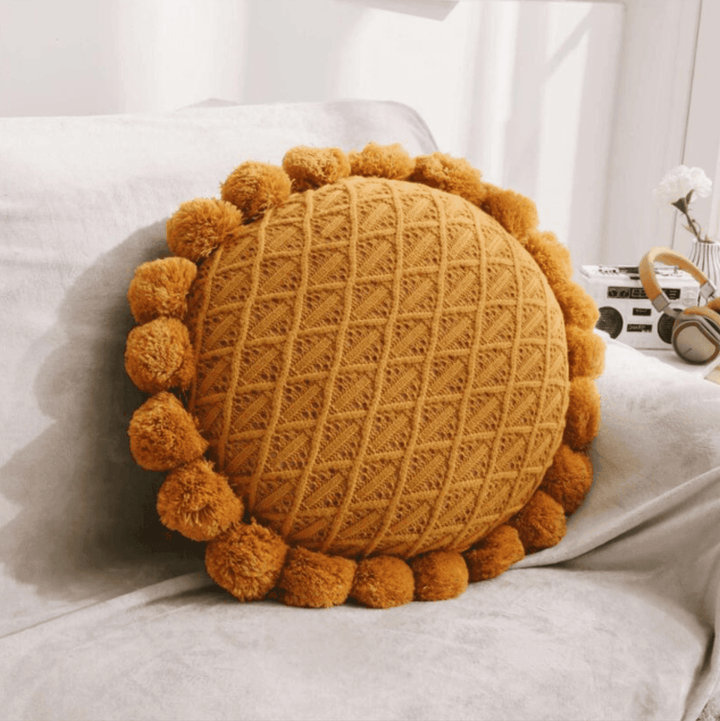 Söt Pom Pom Fringed Rund Kudde