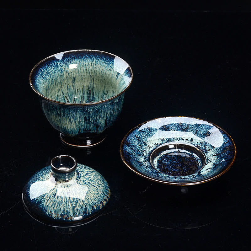 Vintage Ugn Keramisk Gaiwan Sancai Tekopp Tekopp och Fat med Lock