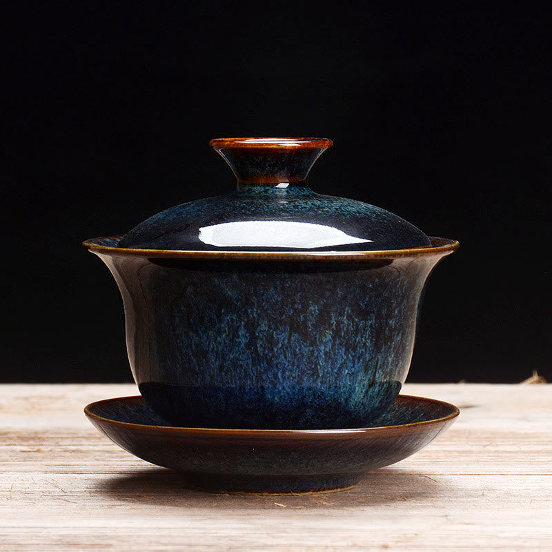 Vintage Ugn Keramisk Gaiwan Sancai Tekopp Tekopp och Fat med Lock