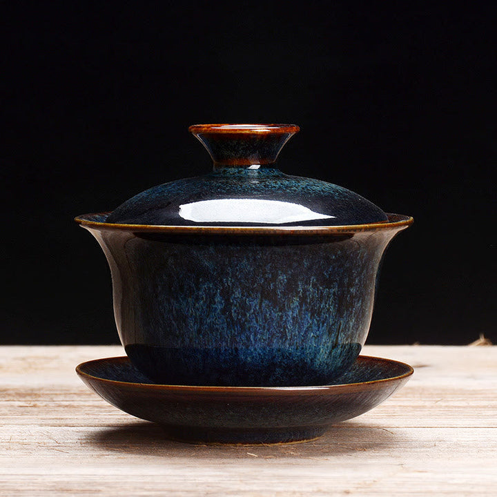 Vintage Ugn Keramisk Gaiwan Sancai Tekopp Tekopp och Fat med Lock