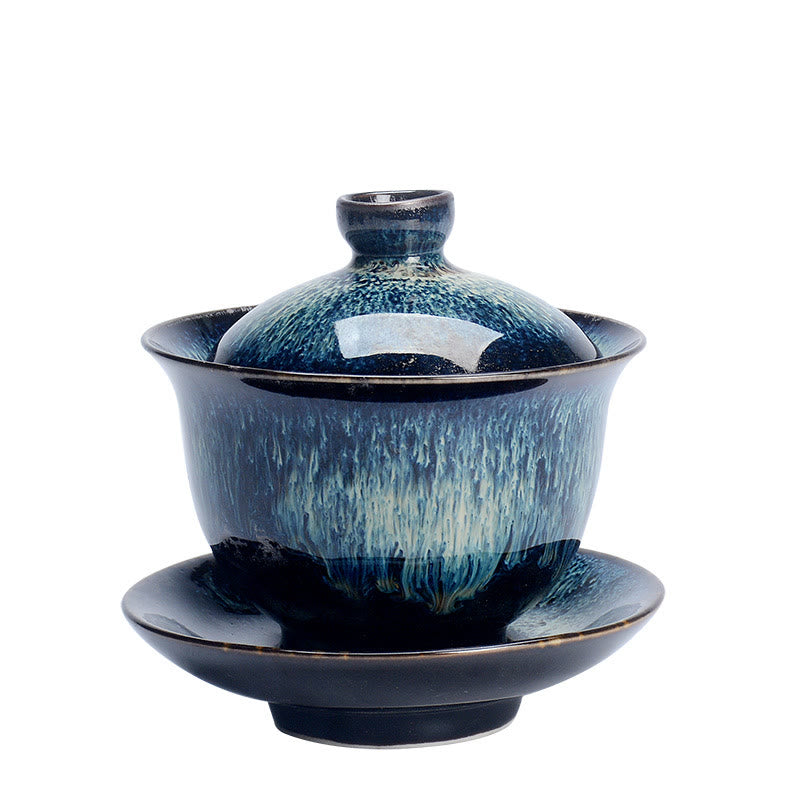 Vintage Ugn Keramisk Gaiwan Sancai Tekopp Tekopp och Fat med Lock