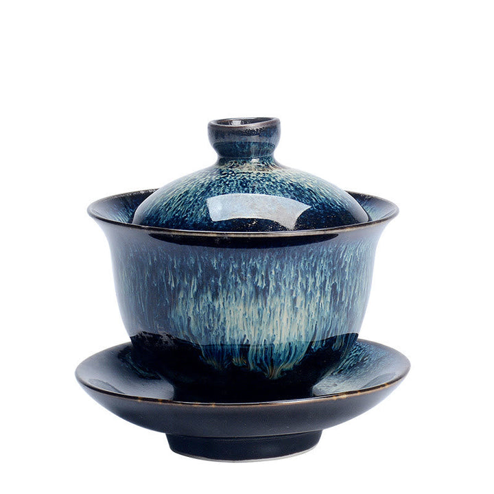 Vintage Ugn Keramisk Gaiwan Sancai Tekopp Tekopp och Fat med Lock