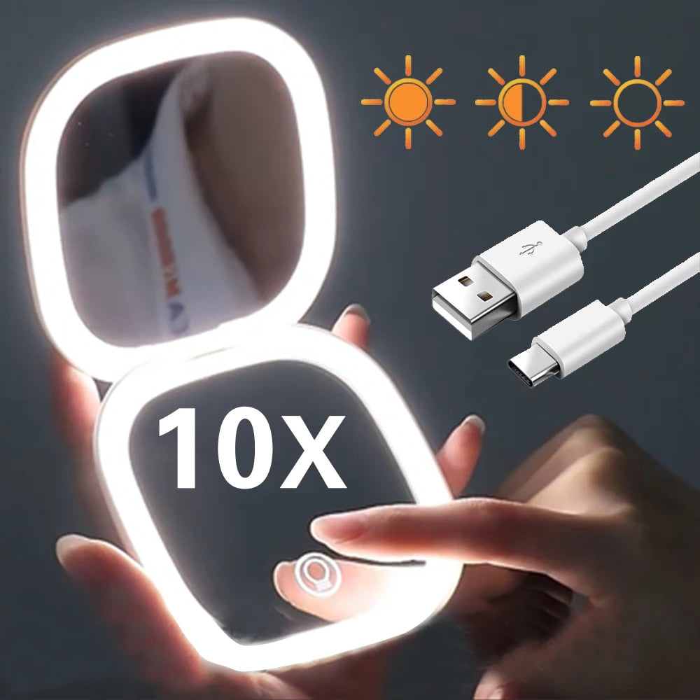 Mini LED 10x Förstoring Kosmetisk Spegel med Olika Ljusinställningar, USB Uppladdningsbar