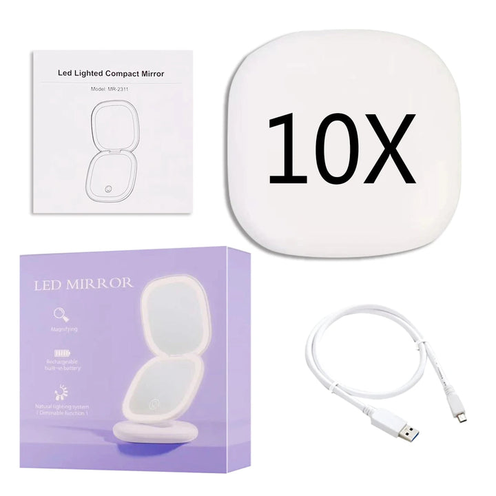 Mini LED 10x Förstoring Kosmetisk Spegel med Olika Ljusinställningar, USB Uppladdningsbar