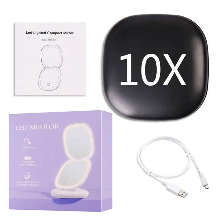 Mini LED 10x Förstoring Kosmetisk Spegel med Olika Ljusinställningar, USB Uppladdningsbar