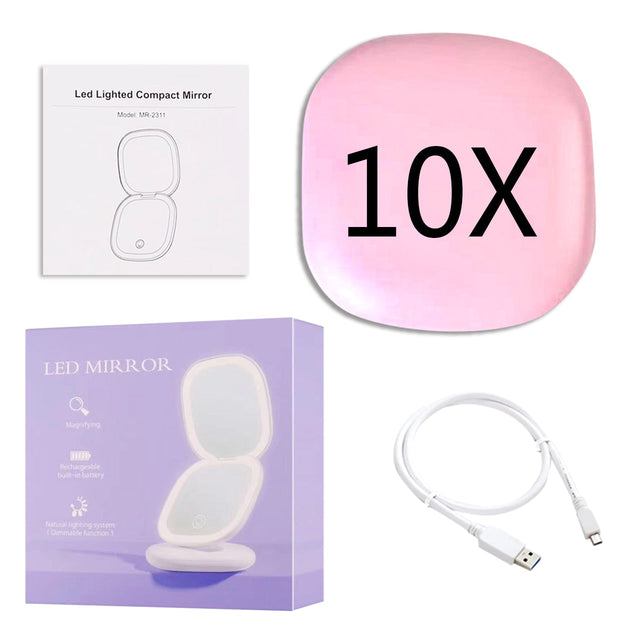 Mini LED 10x Förstoring Kosmetisk Spegel med Olika Ljusinställningar, USB Uppladdningsbar