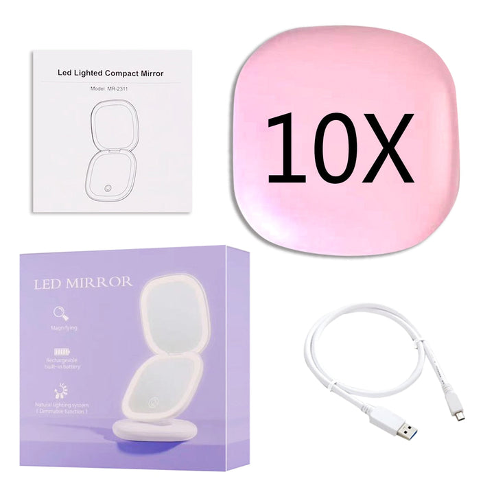 Mini LED 10x Förstoring Kosmetisk Spegel med Olika Ljusinställningar, USB Uppladdningsbar