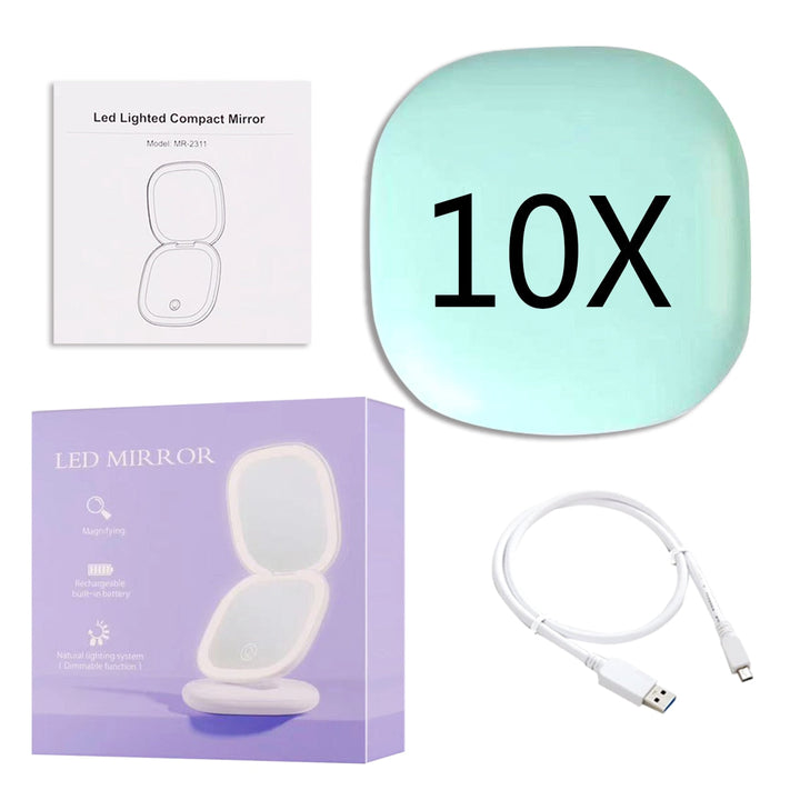 Mini LED 10x Förstoring Kosmetisk Spegel med Olika Ljusinställningar, USB Uppladdningsbar
