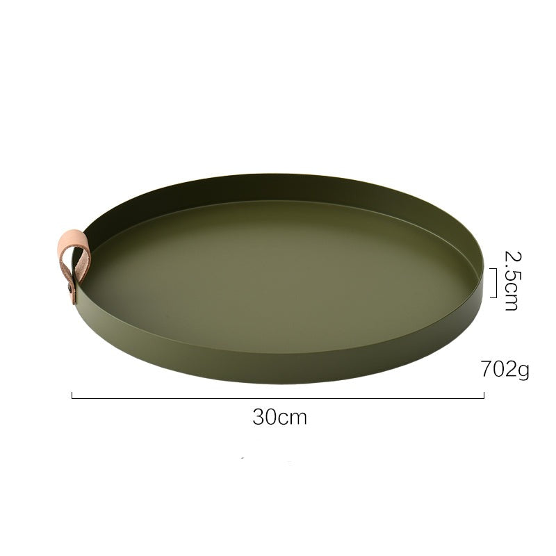 Nordisk stil läderhandtag smidd järn rund bricka färg förvaring platta vatten glas platta heminredning