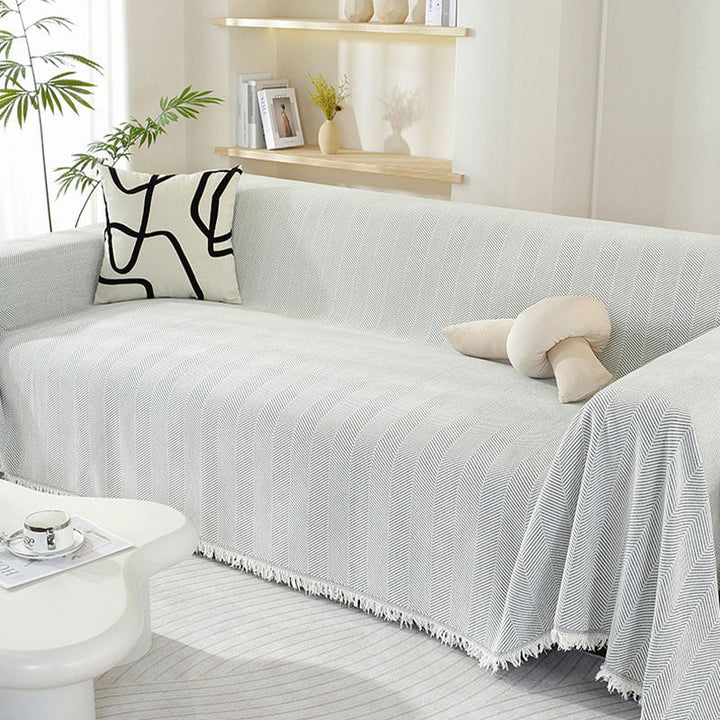 Chenille Sofföverdrag med Fiskbensdesign och Fransar