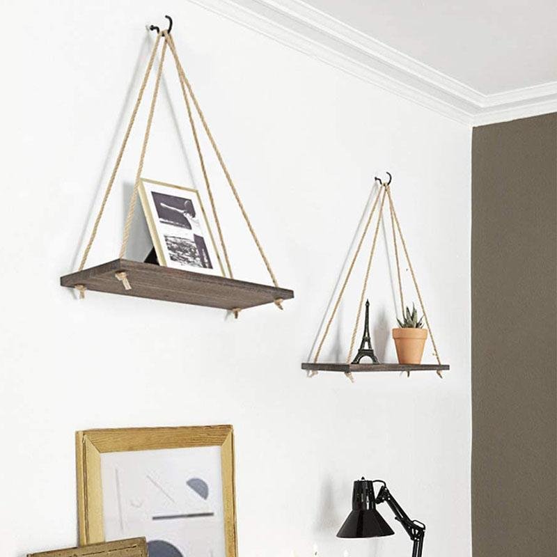 Skandinavisk Trä Hängande Hylla - Minimalistisk Flytande Vägg Hylla med Snöre