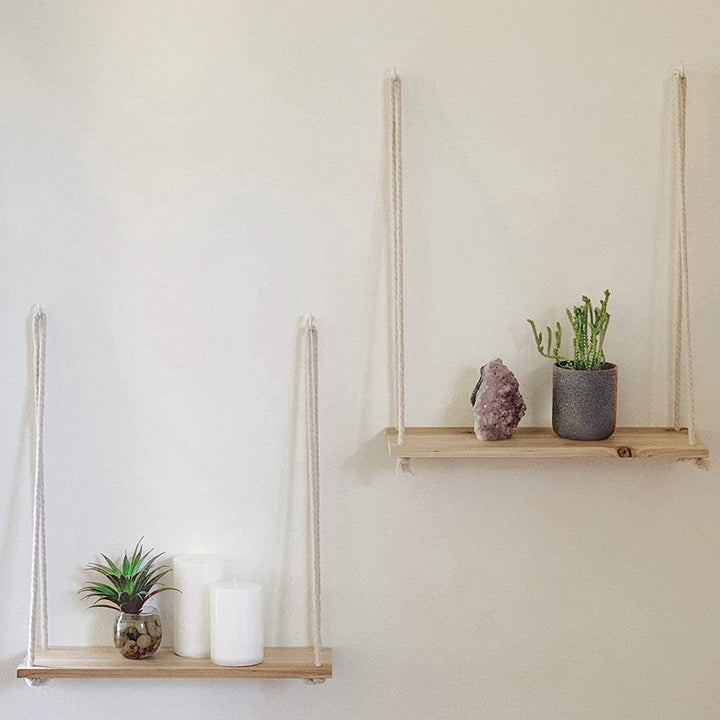 Skandinavisk Trä Hängande Hylla - Minimalistisk Flytande Vägg Hylla med Snöre