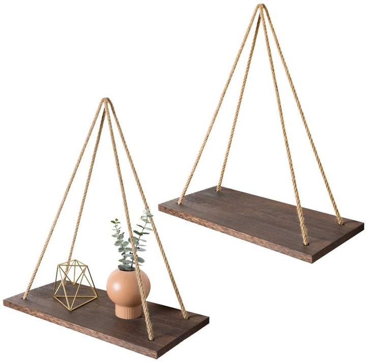 Skandinavisk Trä Hängande Hylla - Minimalistisk Flytande Vägg Hylla med Snöre