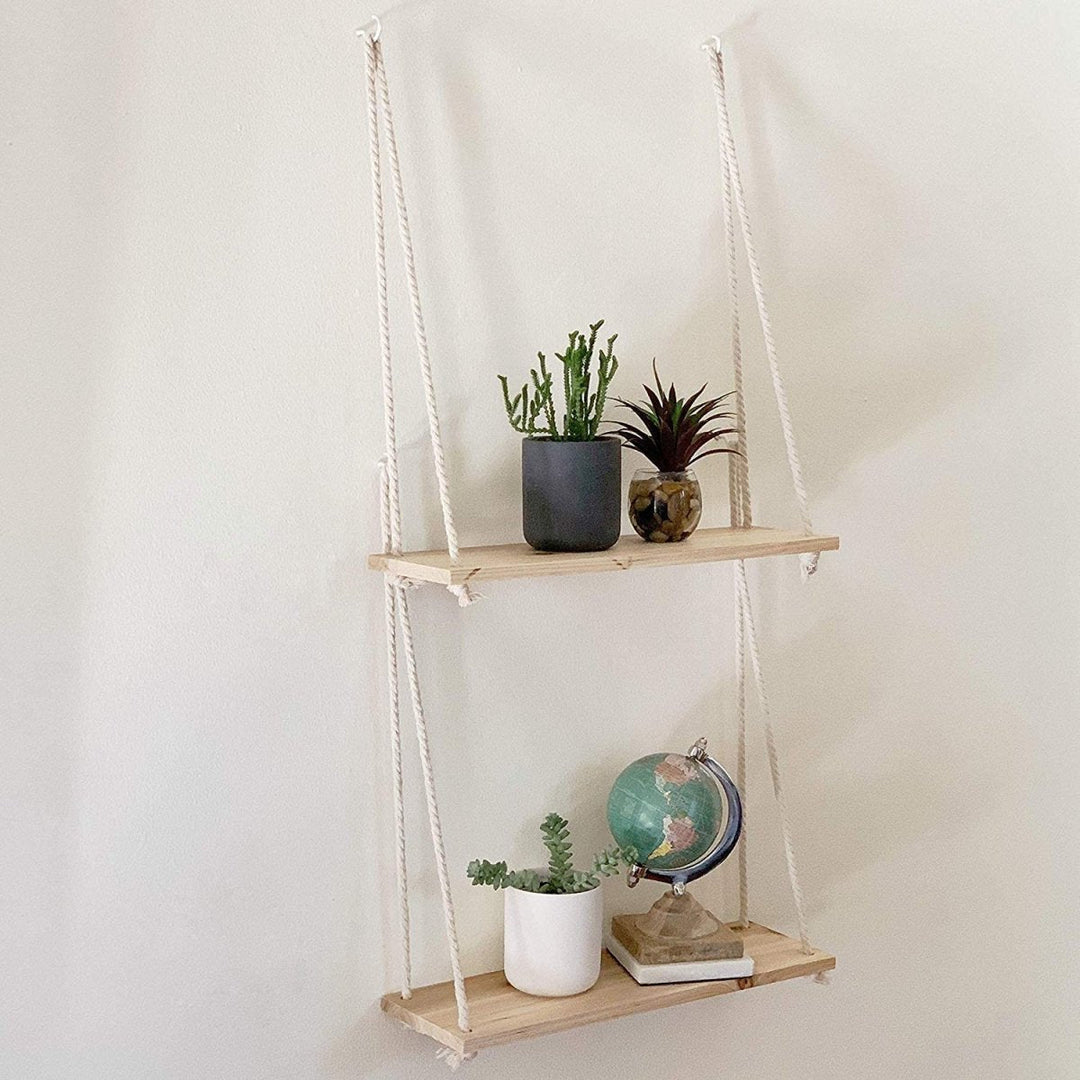 Skandinavisk Trä Hängande Hylla - Minimalistisk Flytande Vägg Hylla med Snöre