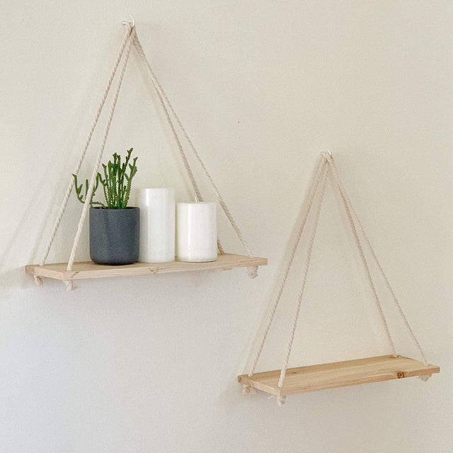 Skandinavisk Trä Hängande Hylla - Minimalistisk Flytande Vägg Hylla med Snöre
