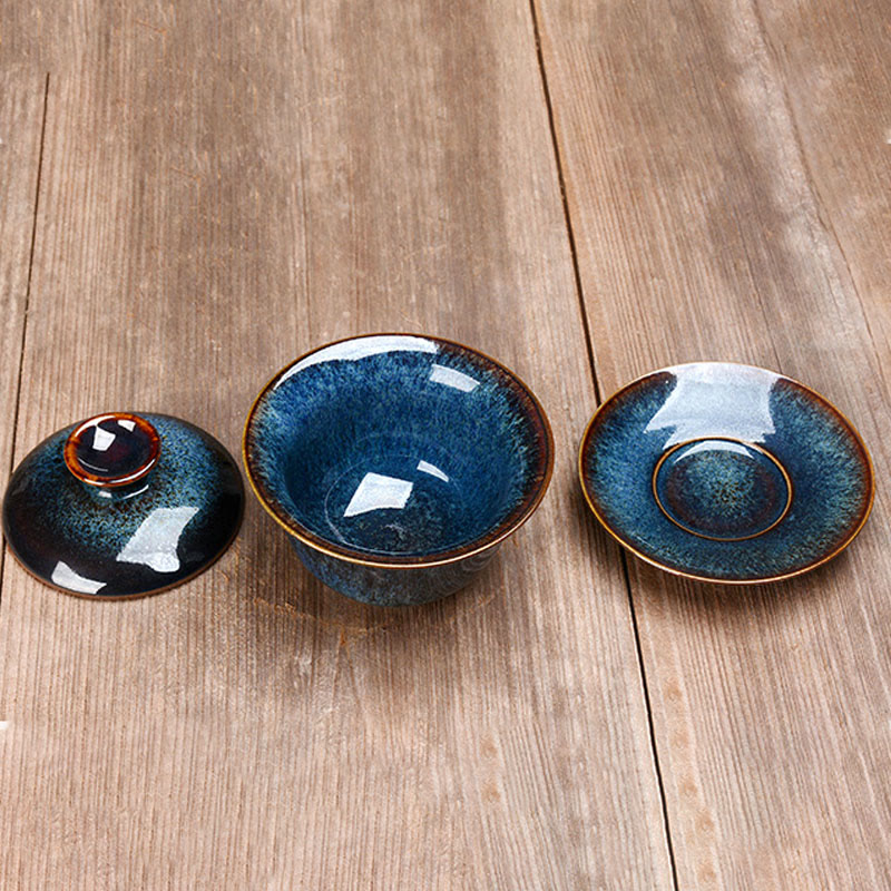 Vintage Ugn Keramisk Gaiwan Sancai Tekopp Tekopp och Fat med Lock