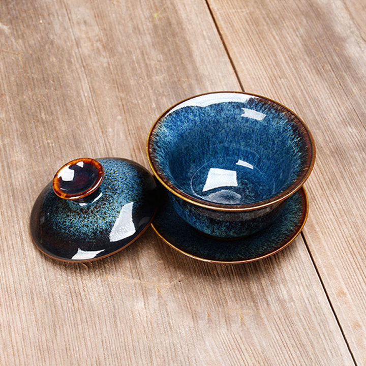 Vintage Ugn Keramisk Gaiwan Sancai Tekopp Tekopp och Fat med Lock