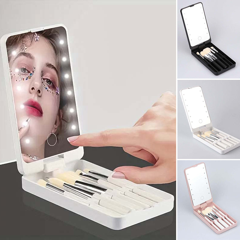 Resande makeupborsteset med LED-ljus spegel