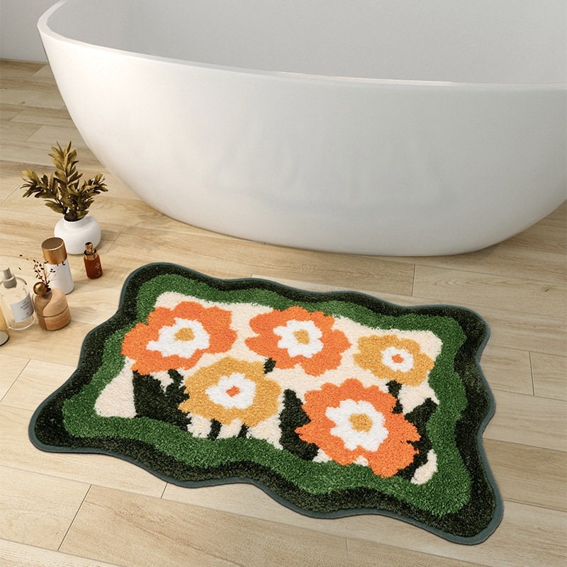Färgglad Blommat Matta för Badrum, Orange Flora Mjuk Badrumsmatta, Vävd Badmatta, Lila Tulpan Vattenabsorberande Halkfri Badmatta
