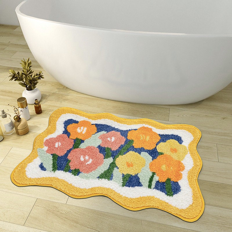 Färgglad Blommat Matta för Badrum, Orange Flora Mjuk Badrumsmatta, Vävd Badmatta, Lila Tulpan Vattenabsorberande Halkfri Badmatta