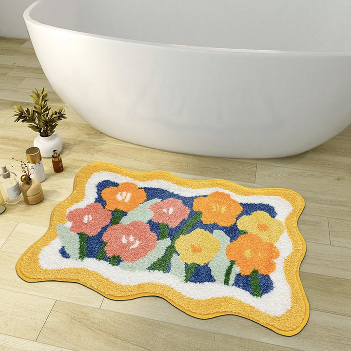 Färgglad Blommat Matta för Badrum, Orange Flora Mjuk Badrumsmatta, Vävd Badmatta, Lila Tulpan Vattenabsorberande Halkfri Badmatta