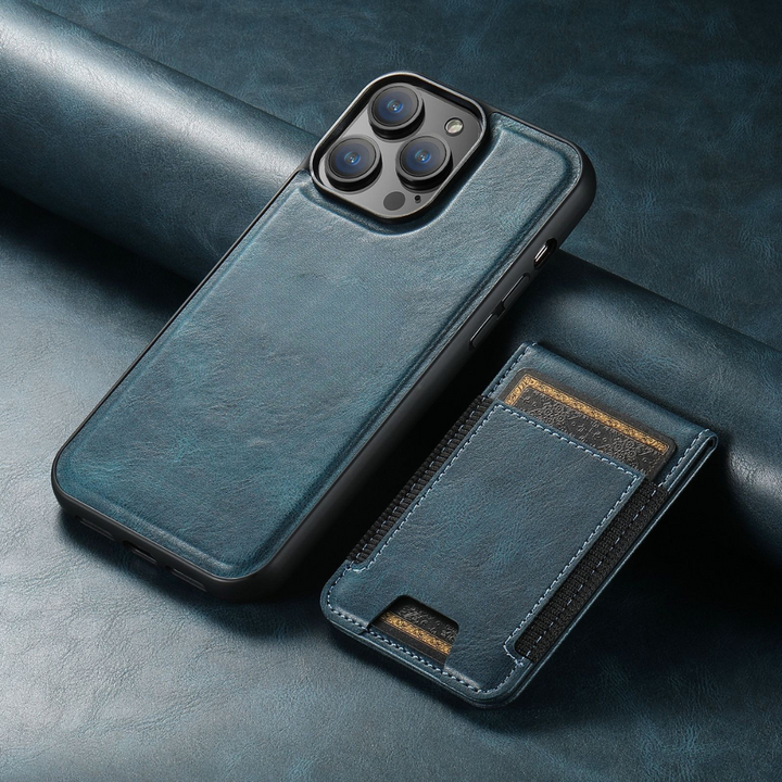 Läderfodral för mobiltelefon med kortfack och stativ
