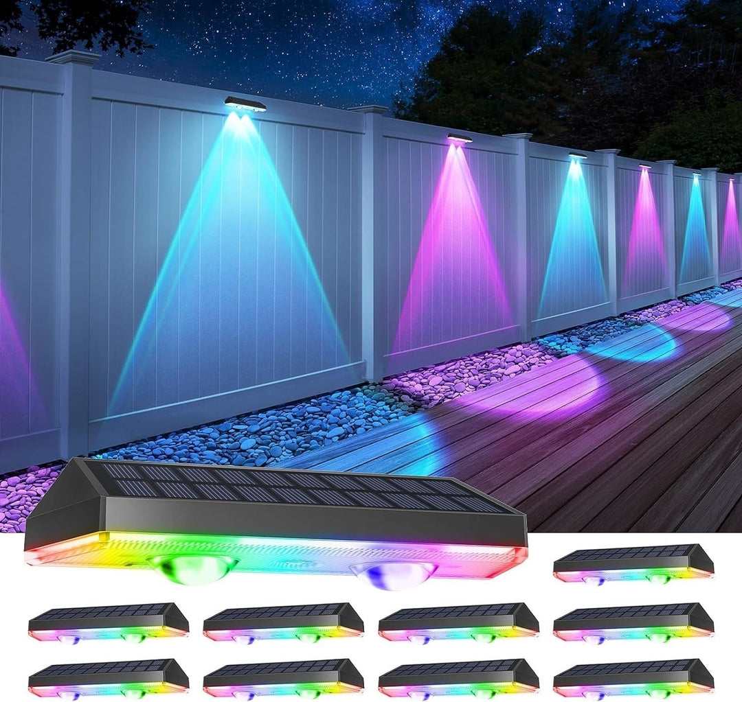 Solcellsstaketlampor utomhus varm vit &amp; RGB skiftande solcellsdecklampor, LED solcellsbelysning för utomhus väggräcke terrass trappsteg trädgård bakgård