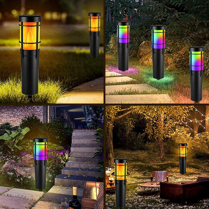 Solcellsmarkör för utomhusbruk, med fladdrande låga och RGB-färgskiftning, LED-solutomhusbelysning för gård, trädgård, stig, gräsmatta - IP65 vattentålig