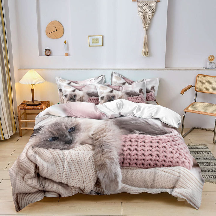 Bäddset med kattmotiv i bomull – 3 delar