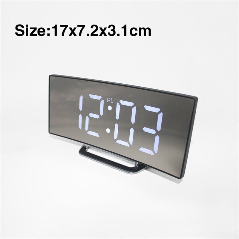 LED Digital Väckarklocka – Kurvad Spegeldisplay, Bordsur med Snooze-funktion, Elektronisk Bordsdisplay, Inredning för Sovrum och Vardagsrum